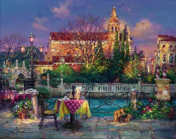 風景 Painting - 楽しい一日の街並み現代都市のシーンカフェ